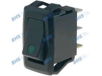 Rocker switch; (ON)-OFF, nonfixed, 3pins. 10A/250Vac, 27.2x13.6mm illuminated, SPST green 12V LED KE/MI/2A-G