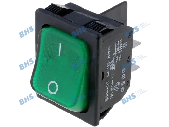 Rocker switch; ON-ON fixed, 4pins. 10A/250Vac 31.5x25.2mm DPST black body illuminated green rocker NEON R13-117B-01